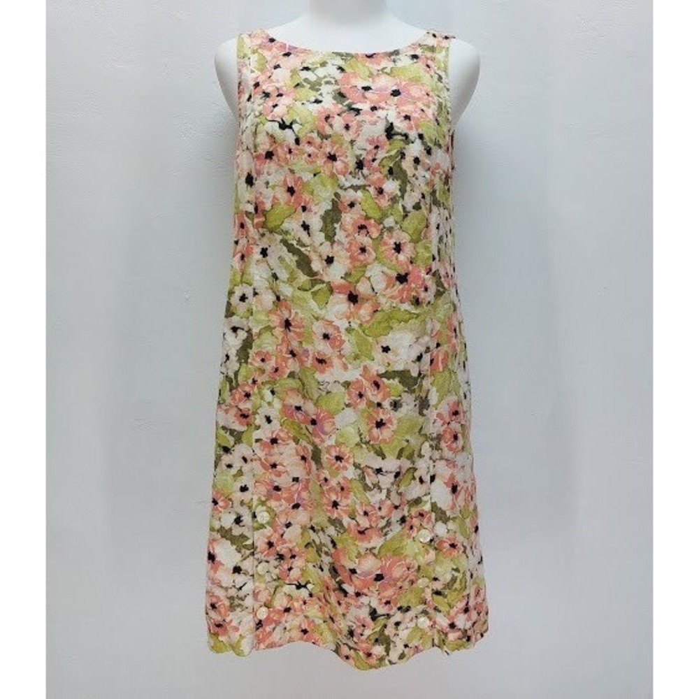 J. Jill Shift Dress Women's XS Petite Pink Green Floral 100% Linen Cottagecore